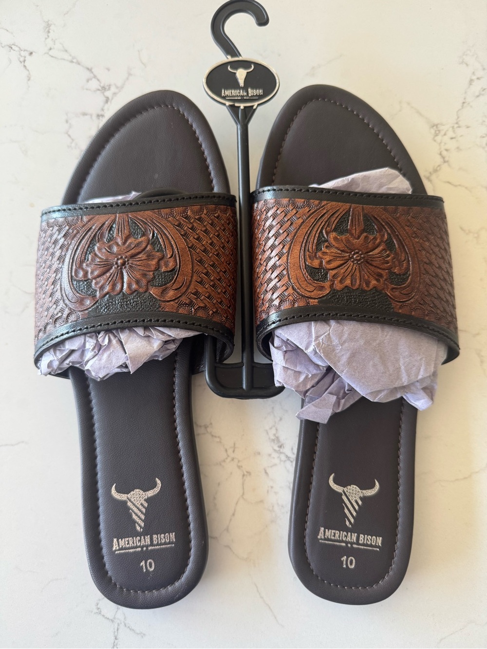 American Bison Hand Tooled Leather Women's Brown Leather Slide Sandals - Brown